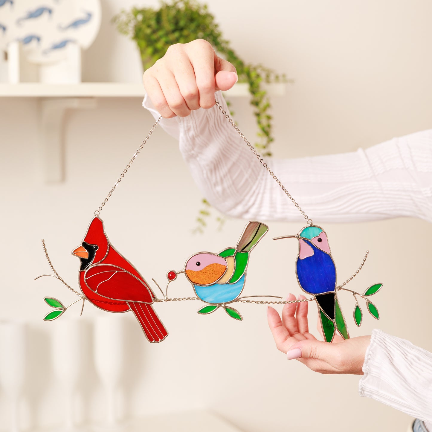 3 Birds on a Branch Stained Glass Suncatcher