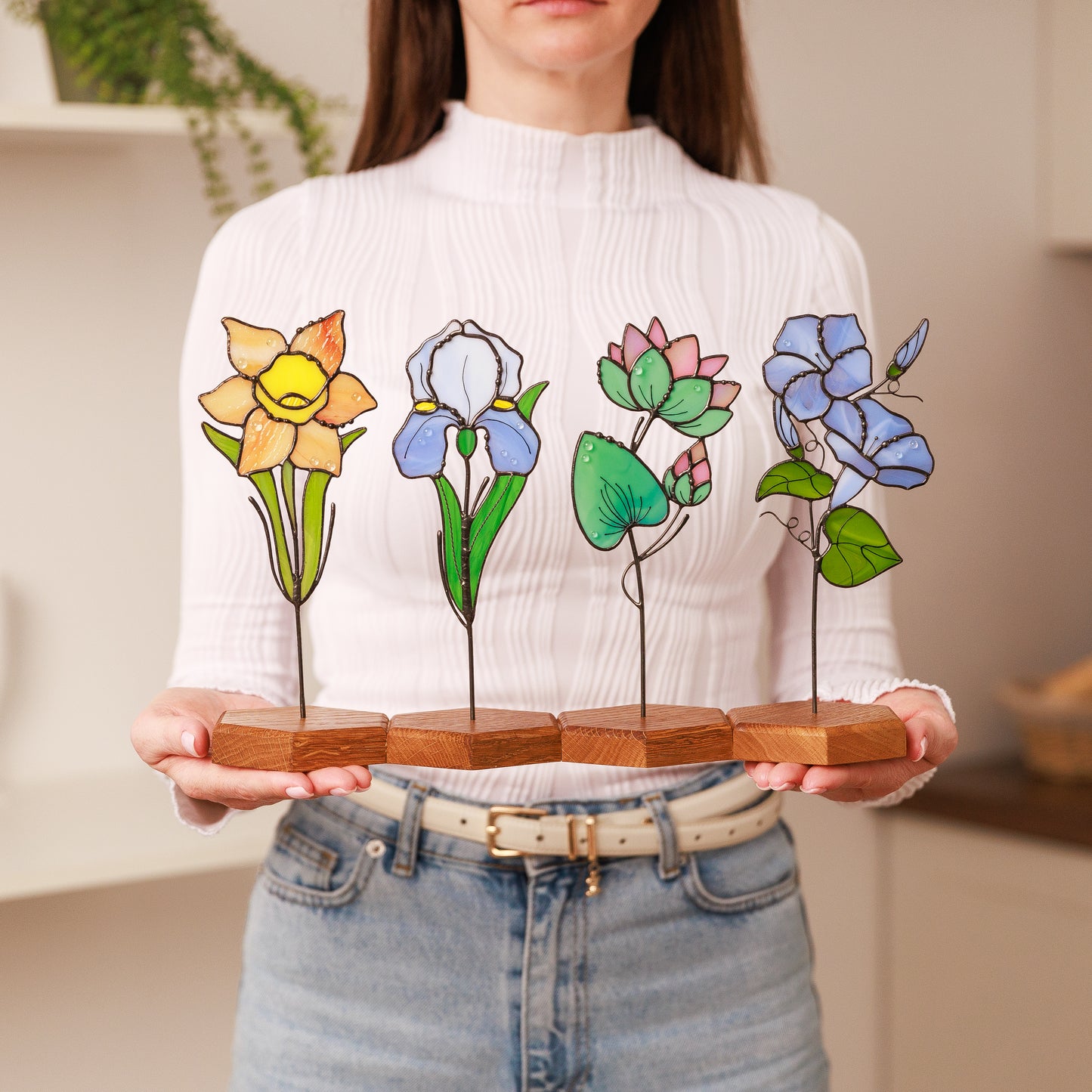 Morning Glory Plant Stake Stained Glass Flower Bouquet Table Decor Birth Flower September Gift for Her