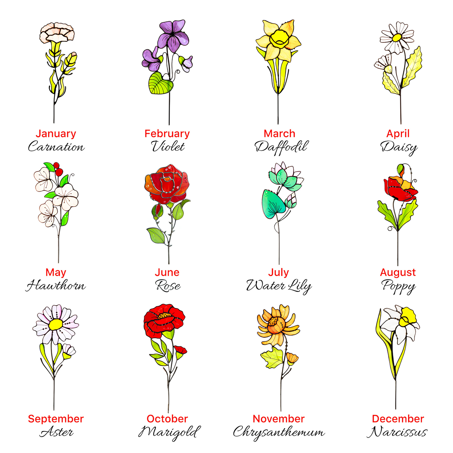 Hawthorn Suncatcher Plant Stake May Birth Flower Stained Glass Gifts for Women
