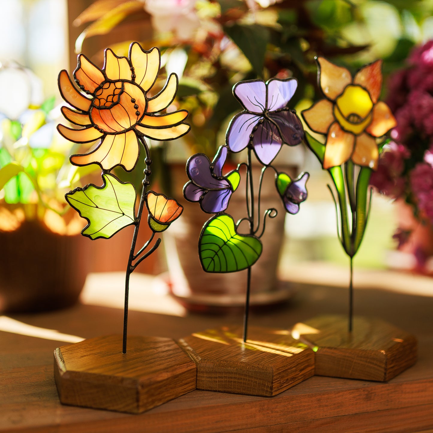Сhrysanthemum Plant Stake Stained Glass Flower Bouquet Garden Decor Birth Flower November Gift for Women