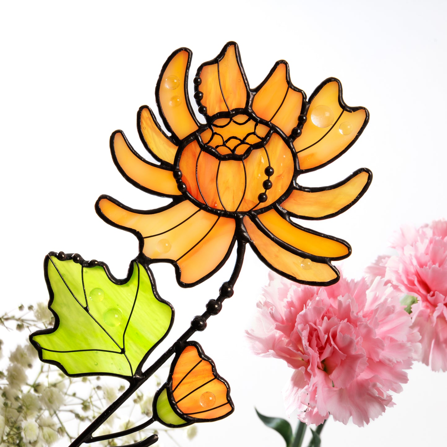 Сhrysanthemum Plant Stake Stained Glass Flower Bouquet Garden Decor Birth Flower November Gift for Women