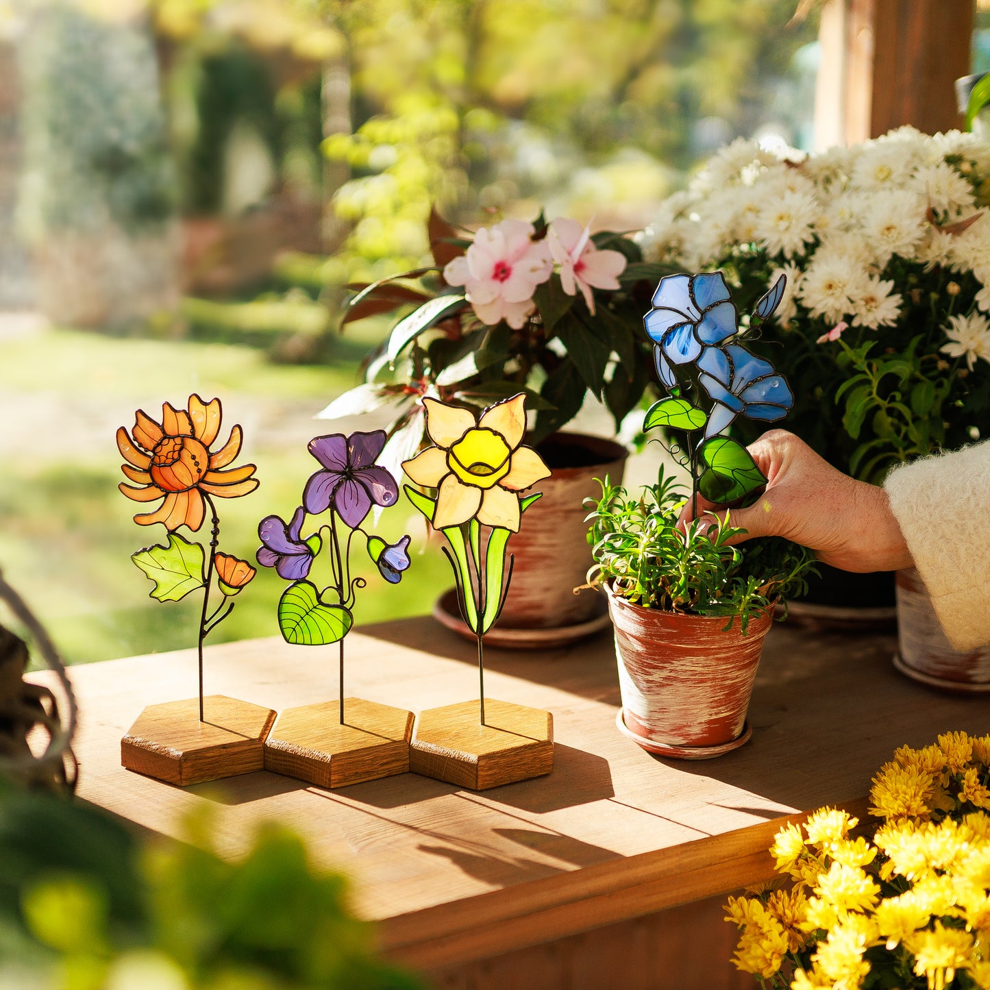 Сhrysanthemum Plant Stake Stained Glass Flower Bouquet Garden Decor Birth Flower November Gift for Women