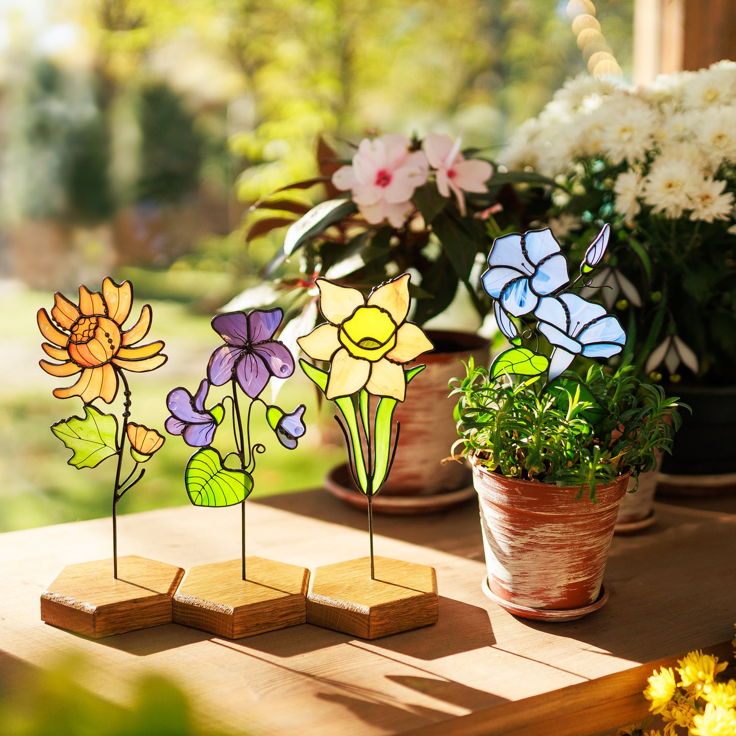 Morning Glory Plant Stake Stained Glass Flower Bouquet Table Decor Birth Flower September Gift for Her