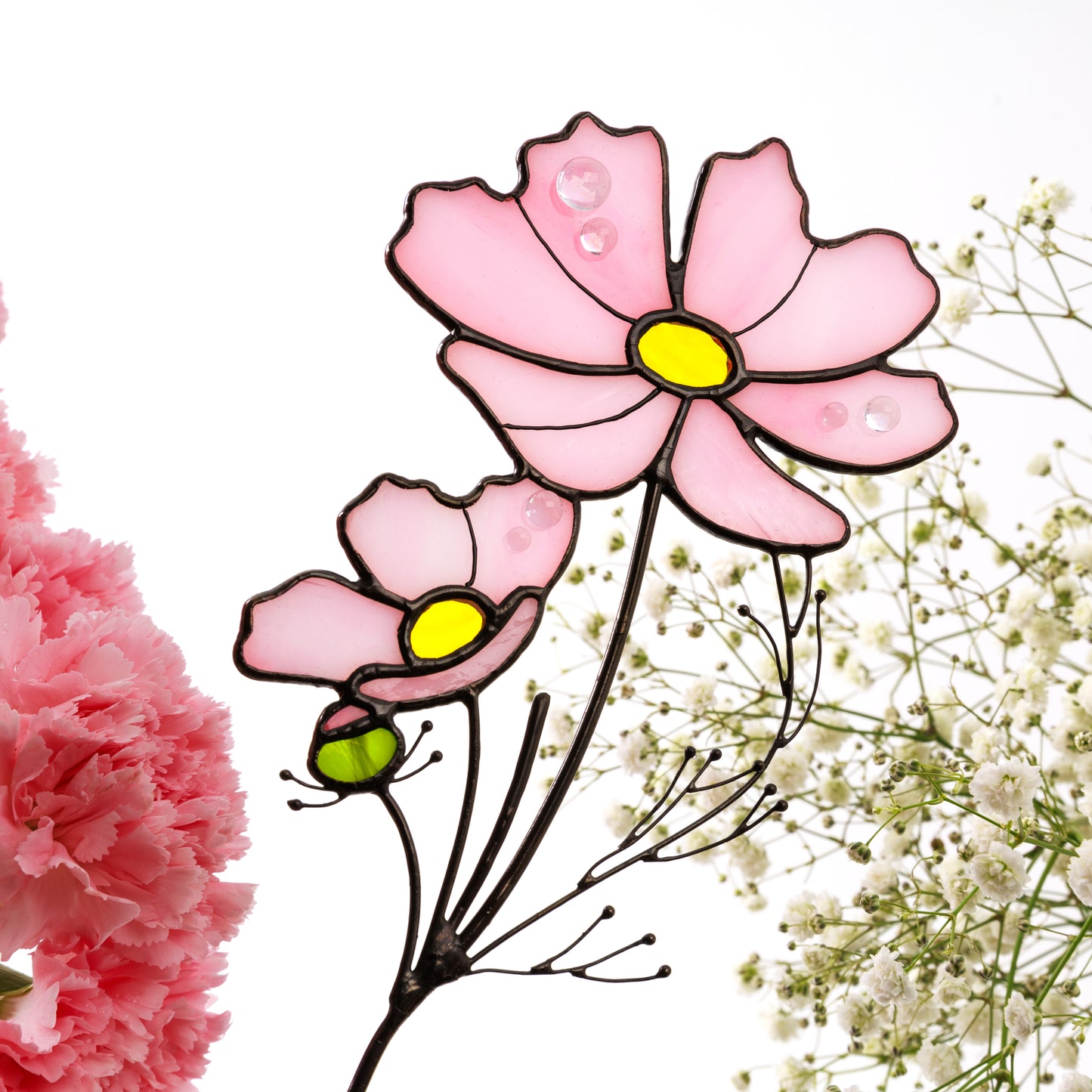 Cosmos Plant Stake Stained Glass Flower Bouquet Garden Decor Birth Flower October Gift for Women