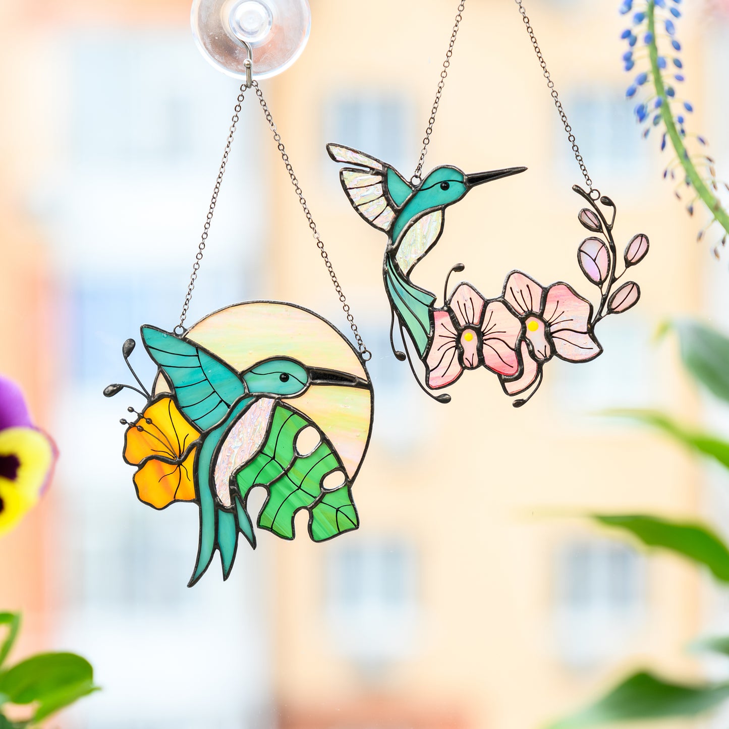 Floral Hummingbird Suncatcher Elegant Stained Glass Window Decor Botanical Gift for Her