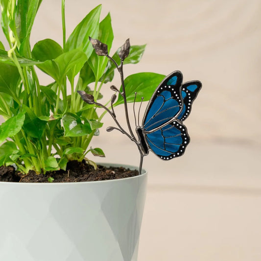 Monarch Butterfly Garden Stake Blue Glass Insect Decor Nature Lover Gift