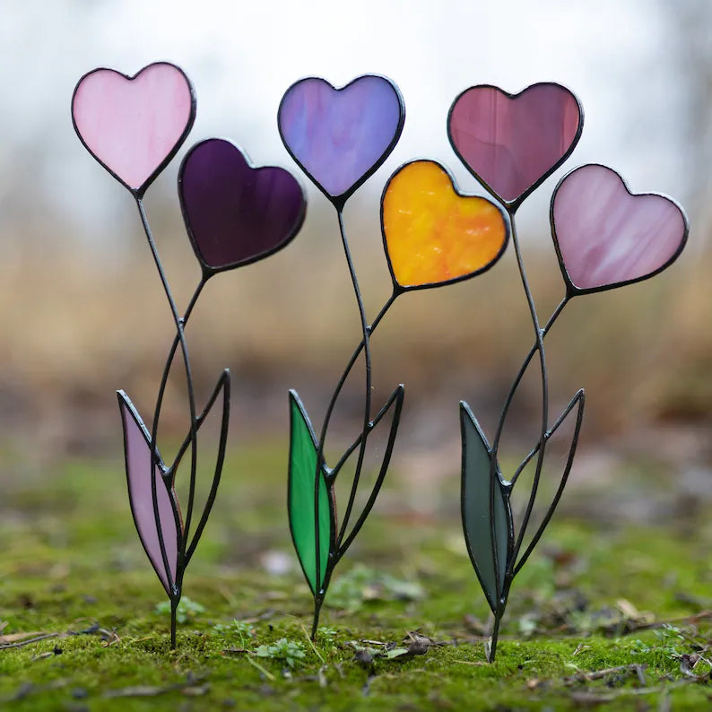 stained glass house plants Stained Glass Handmade Stained Glass Plant Stake Heart Garden Stake Decorative Stake Indoor Plants Suncatcher, Set of 3