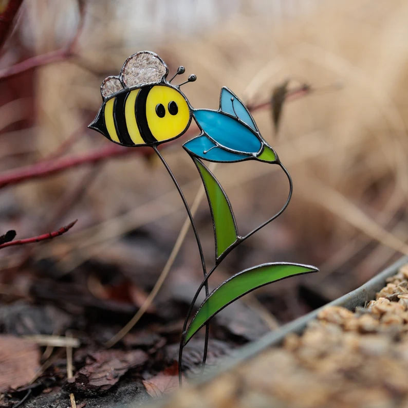 Stained Glass Bee on Bell Sun Cathcer Plant Staker Garden Decor Best Gift for Mom