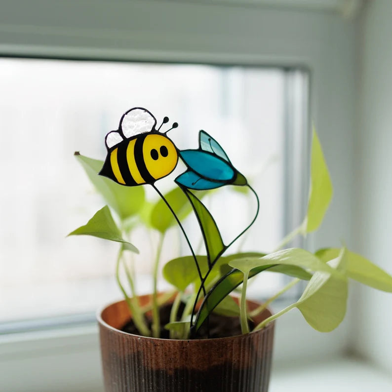 Stained Glass Bee on Bell Sun Cathcer Plant Staker Garden Decor Best Gift for Mom