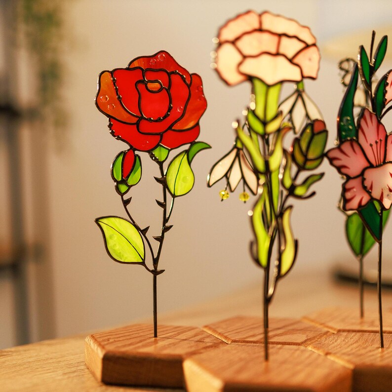 Stained Glass Rose Flower Window Decoration June Birth Flower Gift for Her