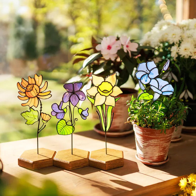 Stained glass violet plant stake suncatcher
