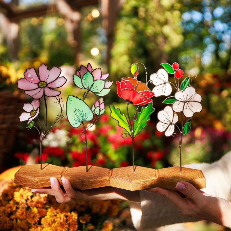 Cosmos Plant Stake Stained Glass Flower Bouquet Garden Decor Birth Flower October Gift for Women