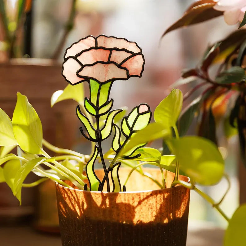 Glass Suncathcer Carnation Plant Stake Stained Glass January Birth Flower Bouquet Best Gift for Mom Garden