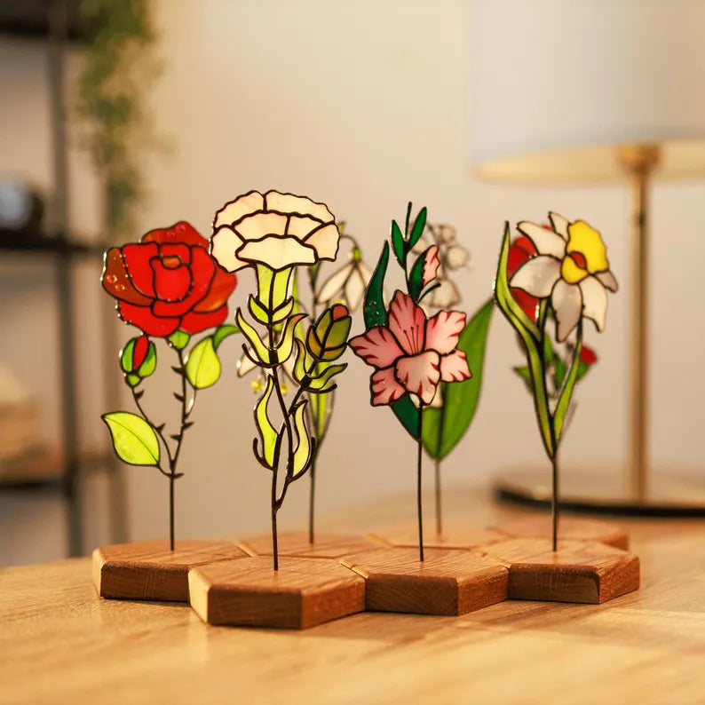Glass Suncathcer Carnation Plant Stake Stained Glass January Birth Flower Bouquet Best Gift for Mom Garden