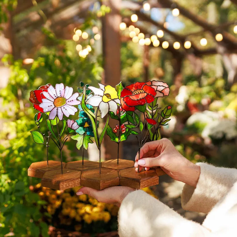 Cosmos Plant Stake Stained Glass Flower Bouquet Garden Decor Birth Flower October Gift for Women