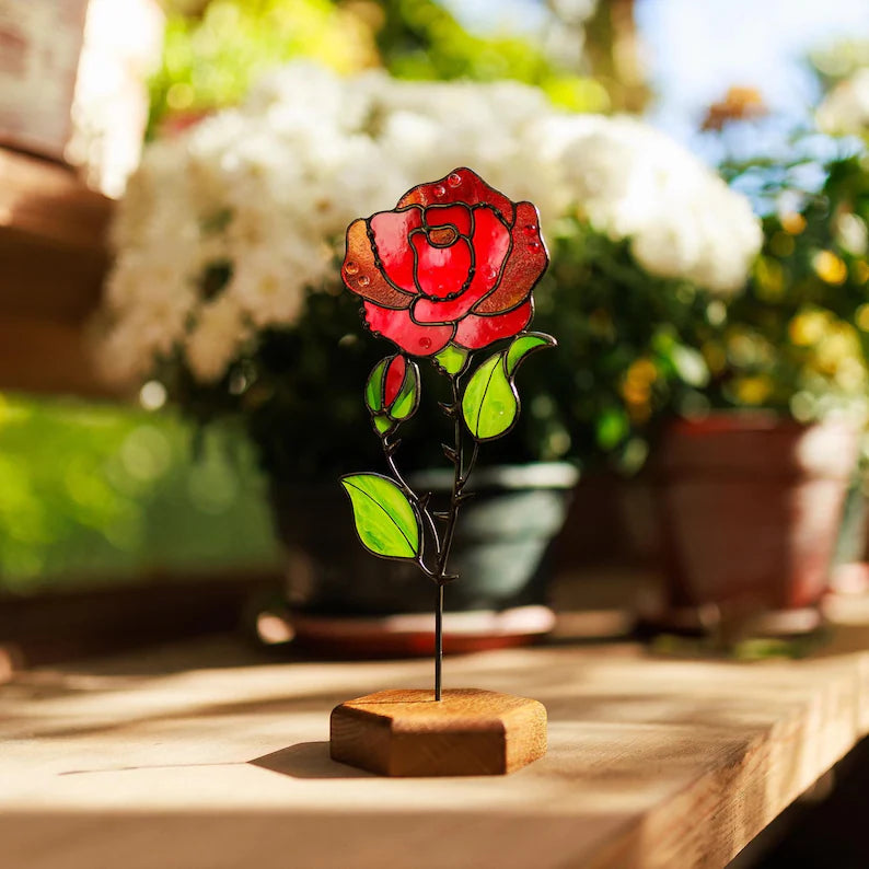 Stained Glass Rose Flower Window Decoration June Birth Flower Gift for Her