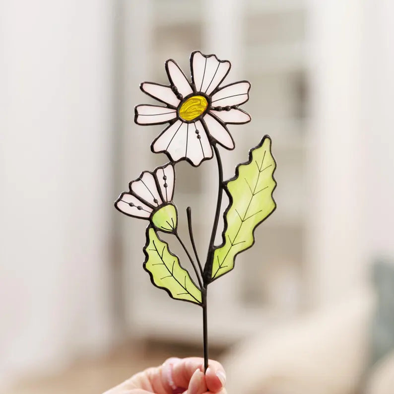 Personalized Stained Glass Daisy Plant Stake Suncatcher April Birth Flower Best Gifts for Mom Birthday
