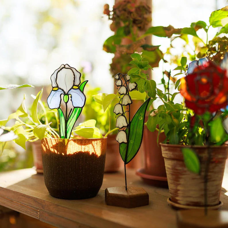 Personalized Stained Glass Iris Plant Stake Suncatcher February Birth Flower Best Gifts for Mom Birthday