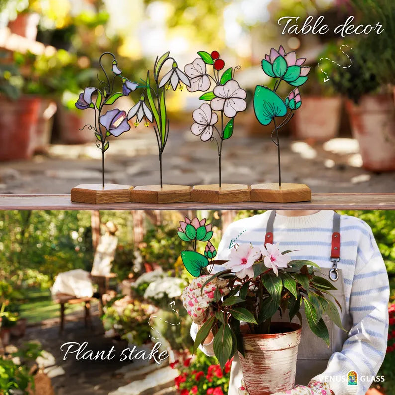 Glass Suncathcer Snowdrop Plant Stake Stained Glass January Birth Flower Bouquet Best Gift for Mom Garden