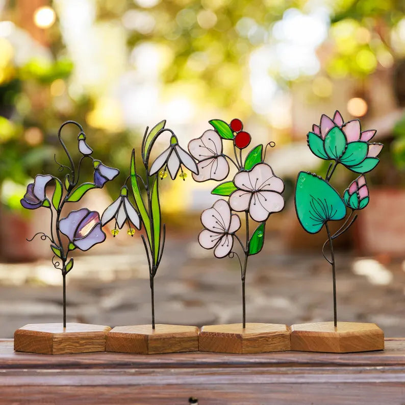 Glass Suncathcer Snowdrop Plant Stake Stained Glass January Birth Flower Bouquet Best Gift for Mom Garden