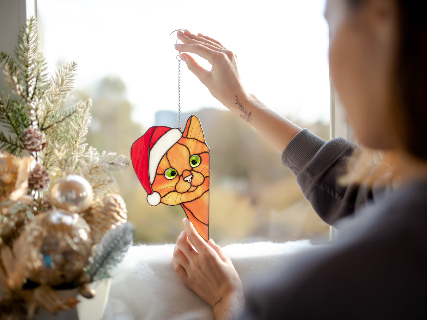 Christmas decor Stained glass Kitty suncatcher