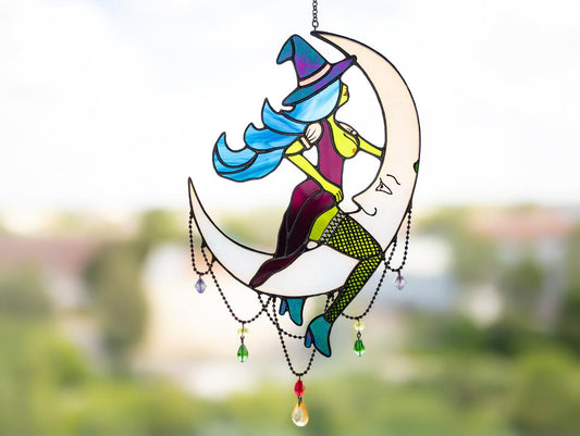 🌜Witch on Moon Stained Glass Window Hangings 🖤