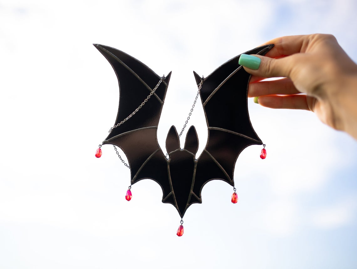 Blood Moon Bat Faux Stained Glass || Original OOAK Animal Window Home Decor Decoration outlets Spooky Halloween Vampire Bats Flying Sky Night Wings