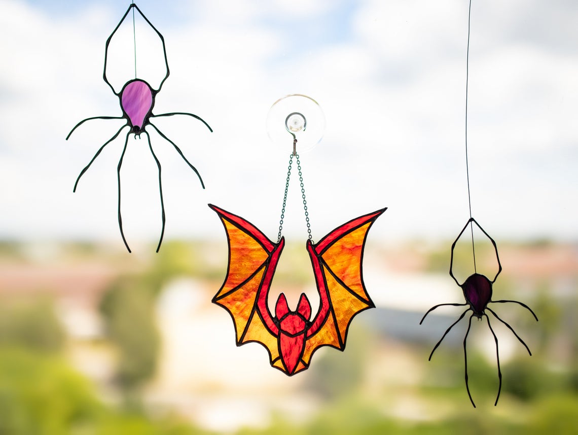 Halloween stained glass decor, Bat suncatcher, Horror decor, Window hangings, Unique halloween decor