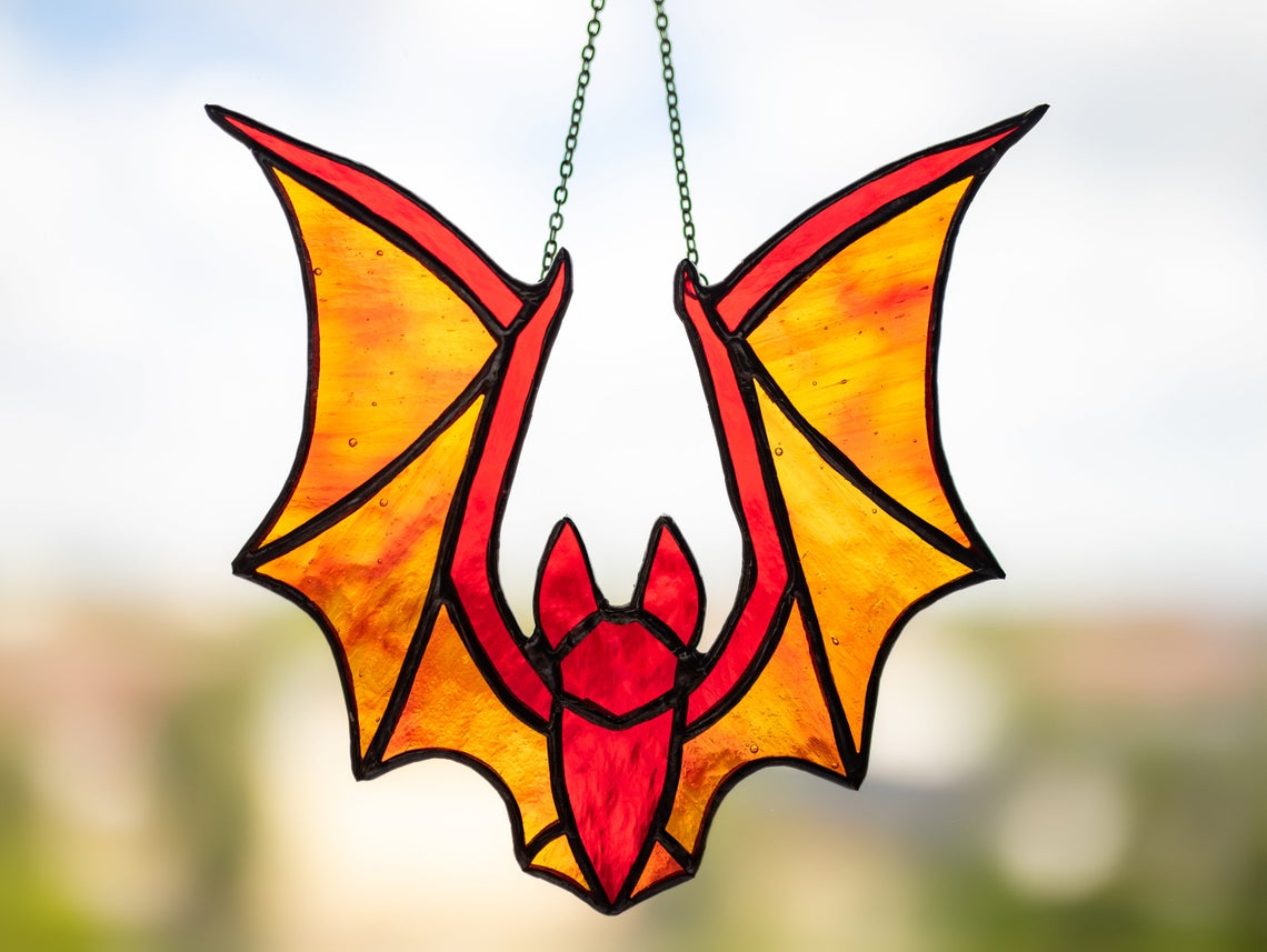 Halloween stained glass decor, Bat suncatcher, Horror decor, Window hangings, Unique halloween decor