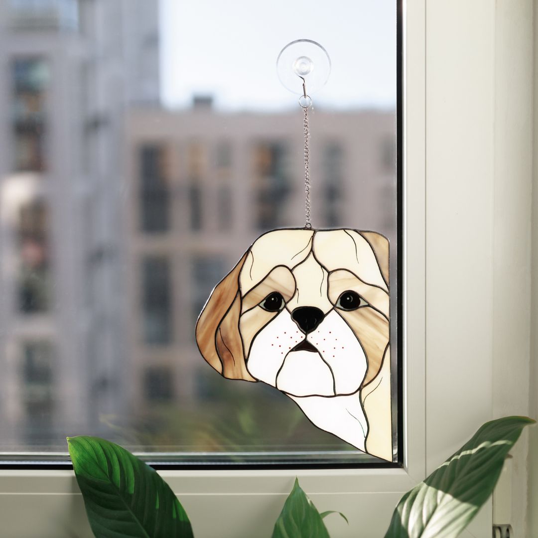 Stained Glass Peeking Dogs Window Hangings