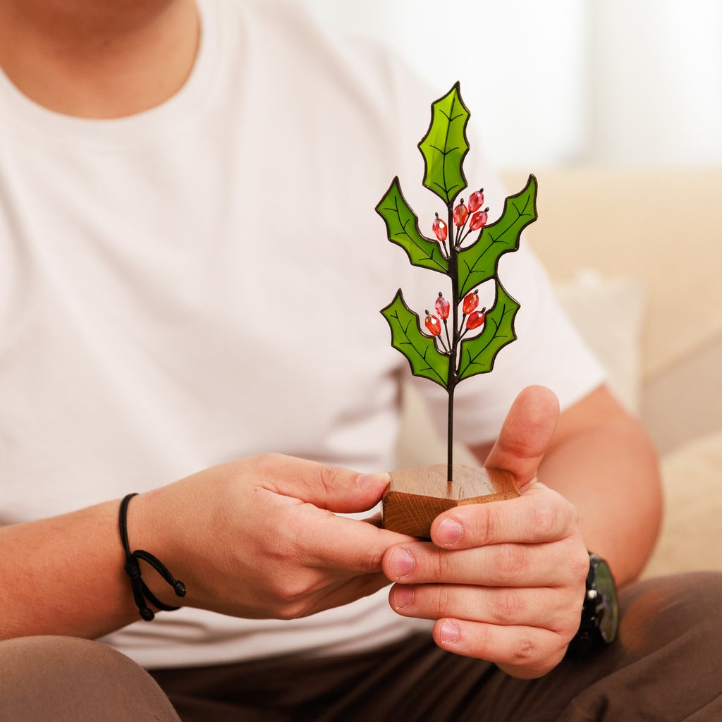 Stained Glass Holly Plant Stake (December Birth Flower)