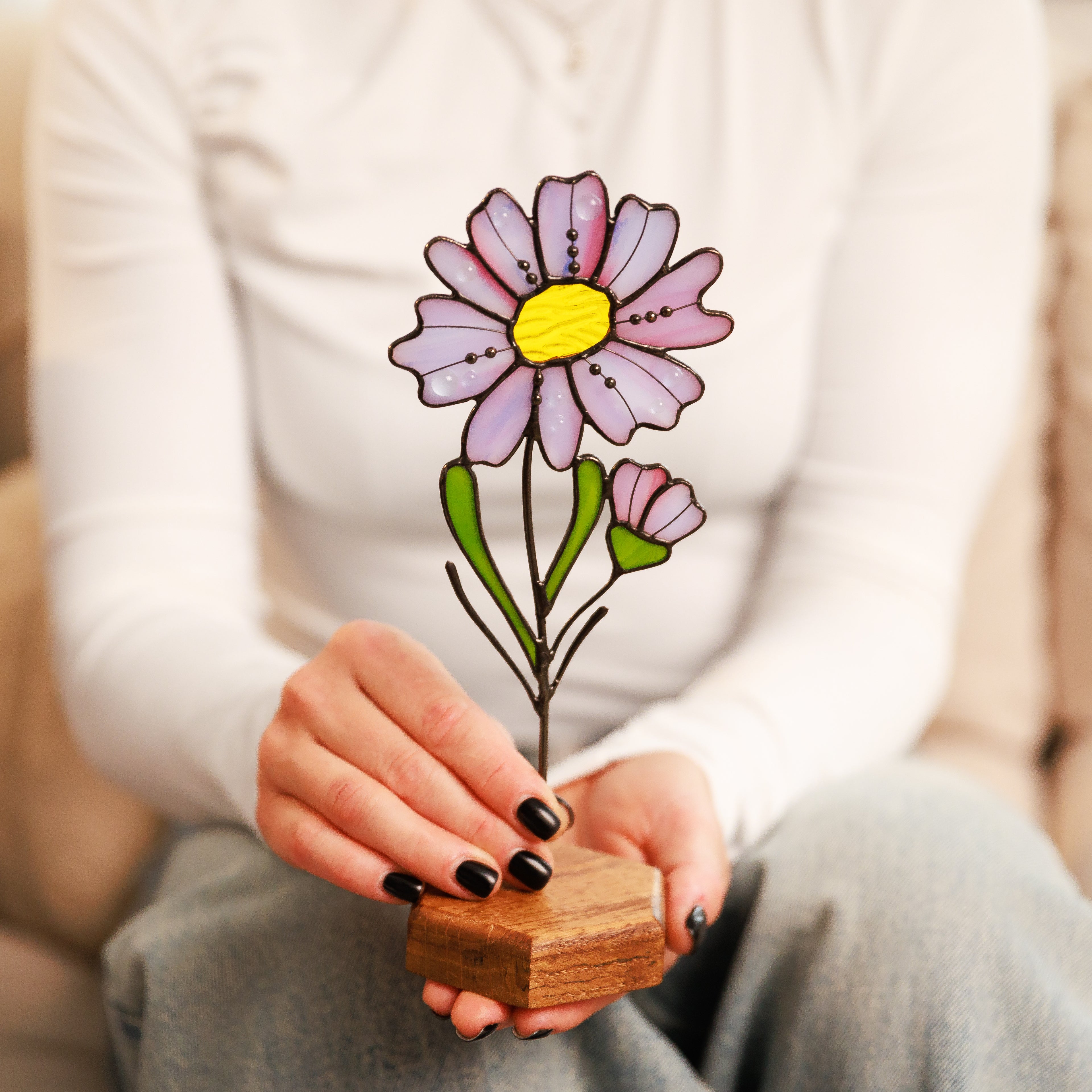 Aster Plant Stake Stained Glass Flower Bouquet Table Decor Birth Flower September Gift for Her