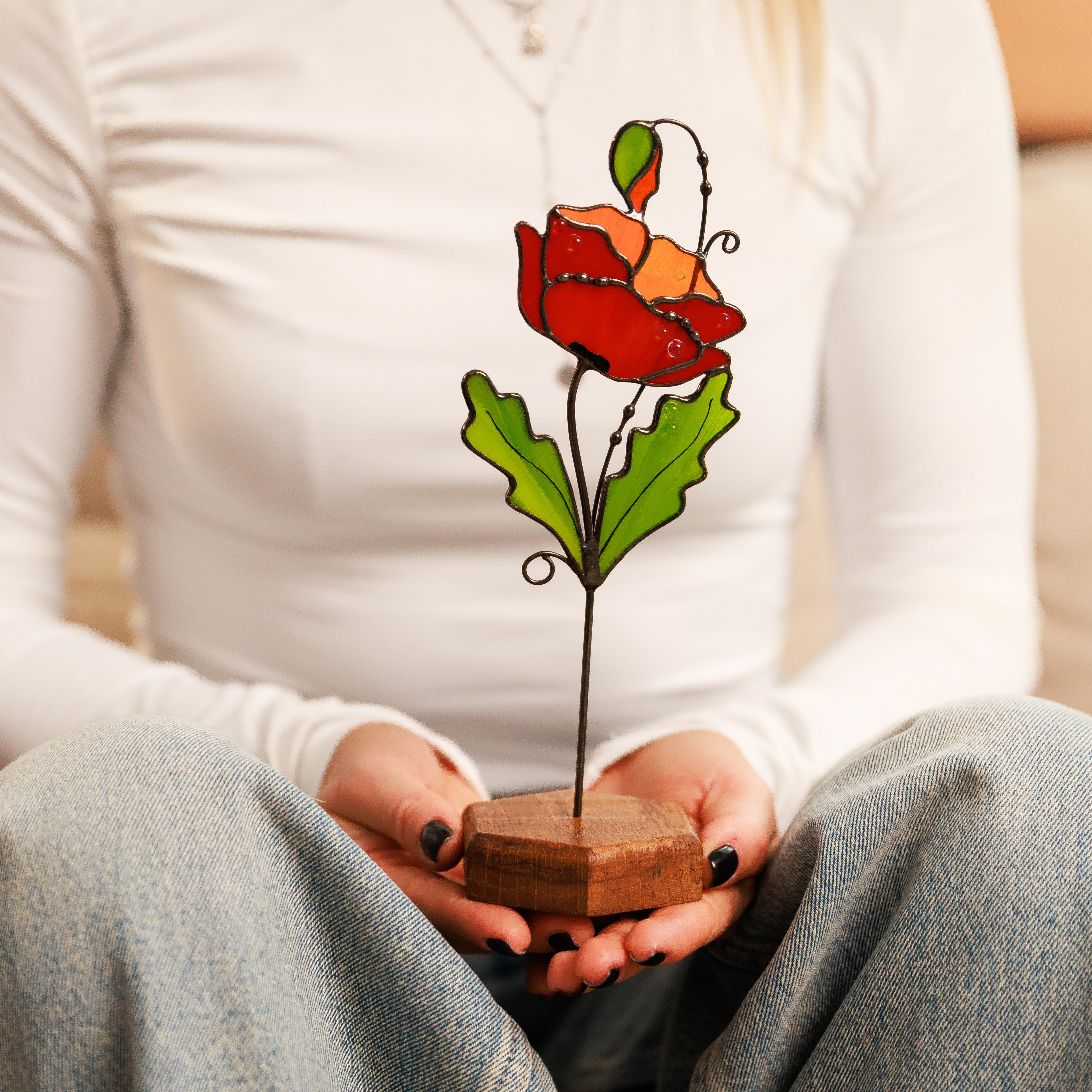 Poppy Plant Stake Sunctcher Stained Glass Gifts for August Birthday Glass Flower