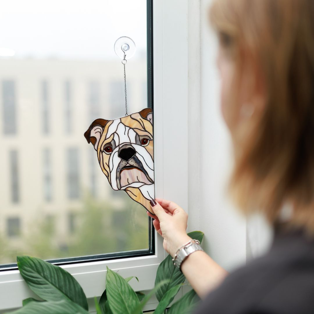 Stained Glass Peeking Dogs Window Hangings