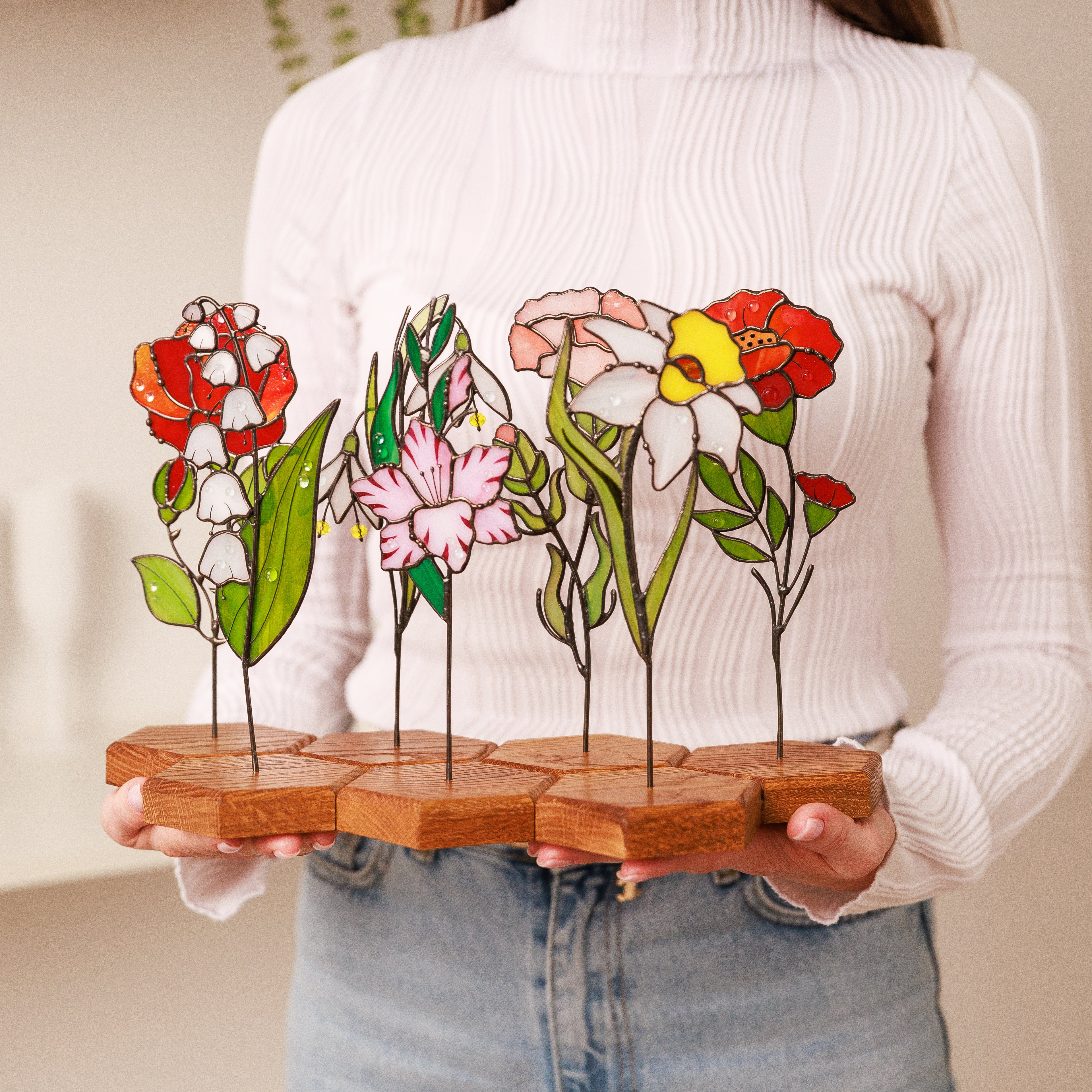 Narcissus Plant Stake Stained Glass Suncatcher December Birth Flower Personalised Gift for Women