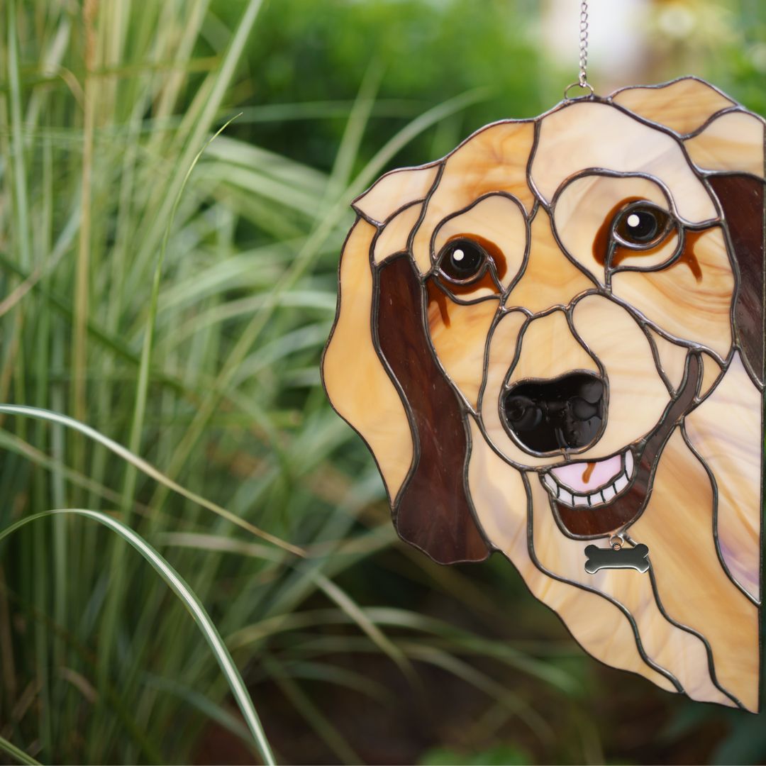 Stained Glass Peeking Dogs Window Hangings
