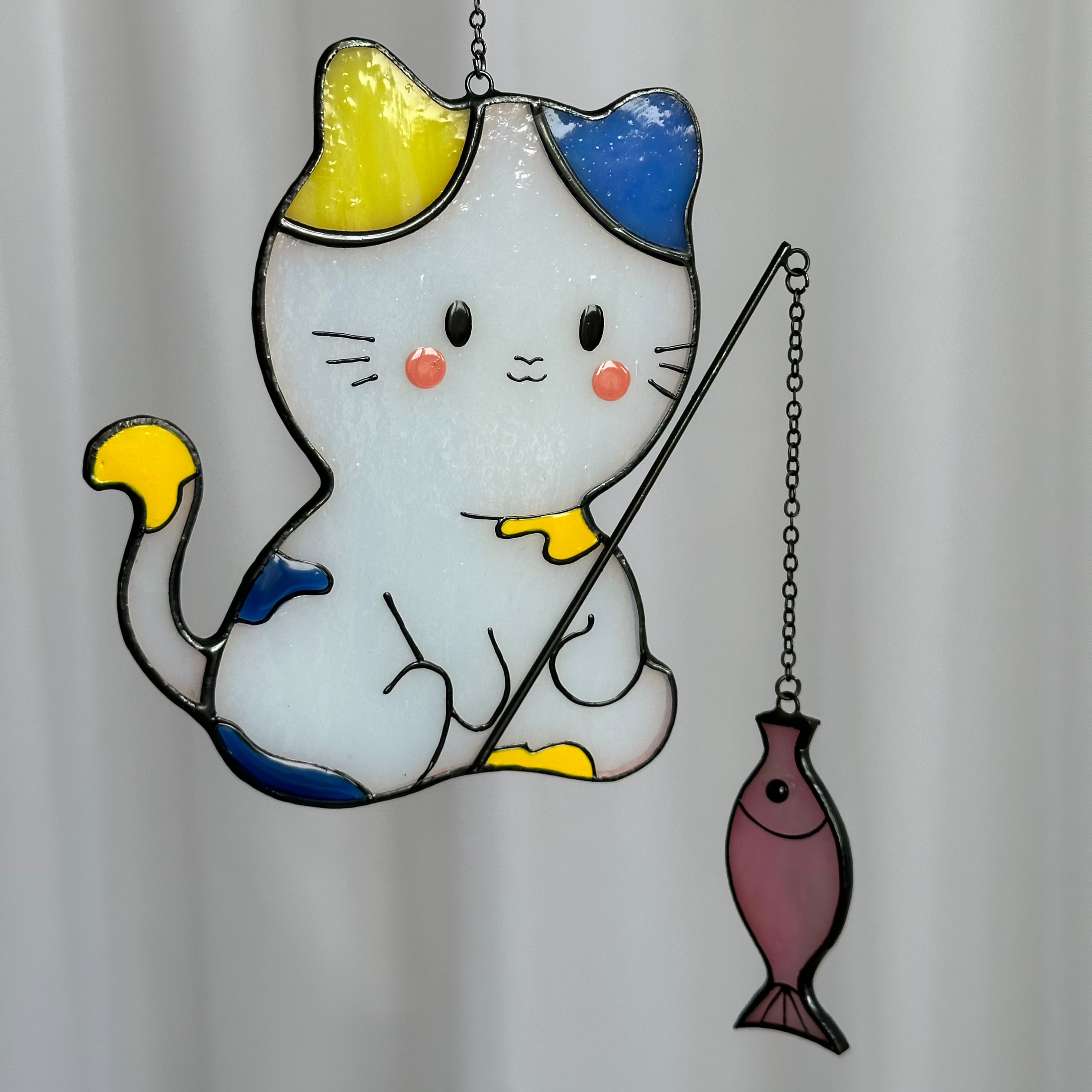 Stained Glass Fishing Cats Suncatcher Set