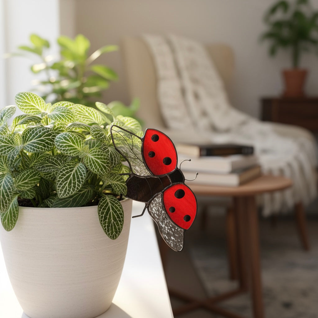 Ladybug Handmade Stained Glass Plant Stake