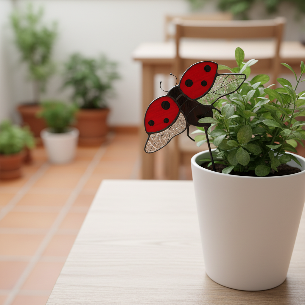 Ladybug Handmade Stained Glass Plant Stake