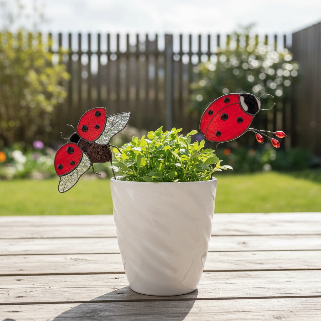 Ladybug Handmade Stained Glass Plant Stake