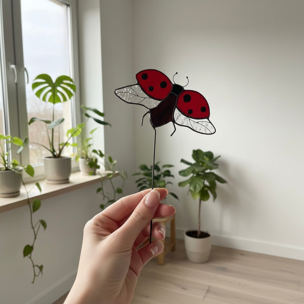 Ladybug Handmade Stained Glass Plant Stake
