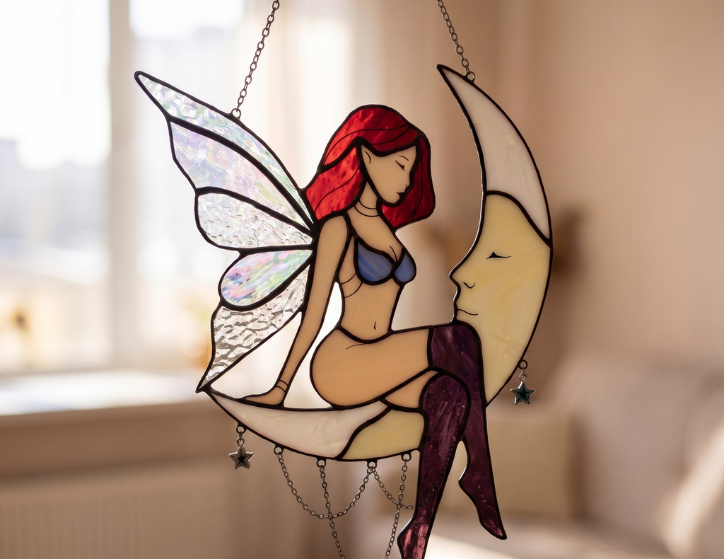 Stained Glass Fairy Moon Witch Suncatcher