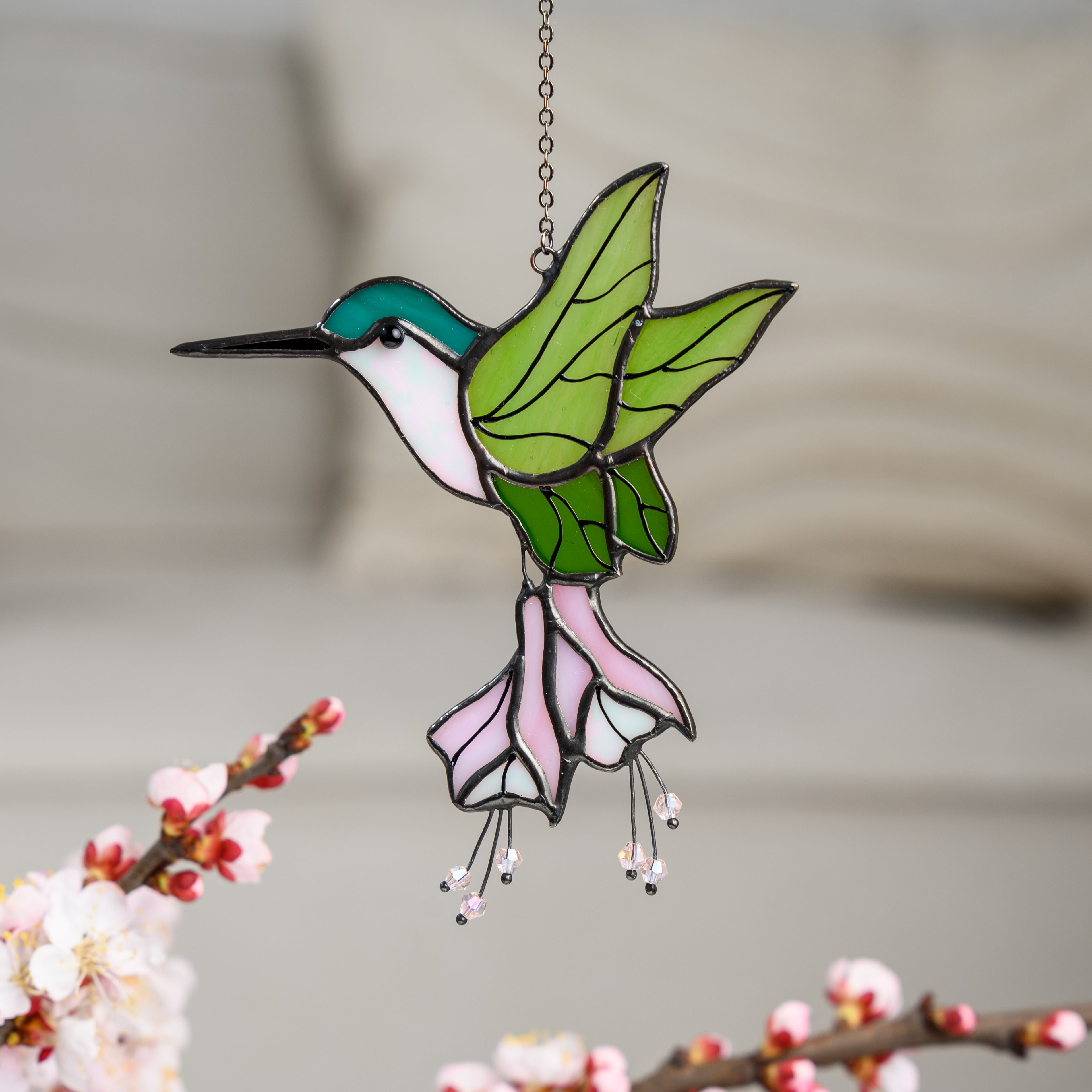 Floral Hummingbird Suncatcher Elegant Stained Glass Window Decor Botanical Gift for Her