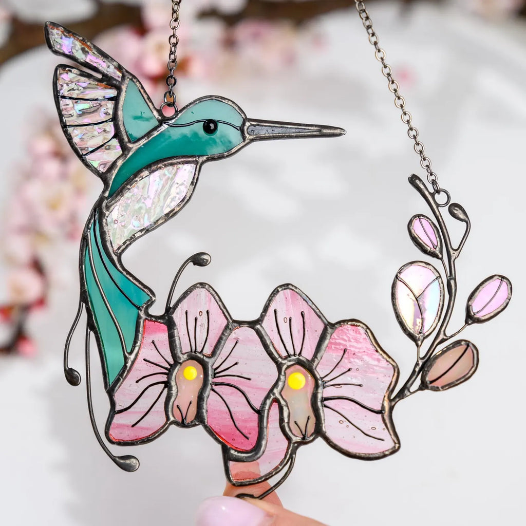 Tropical Hummingbird & Orchid Suncatcher Stained Glass Window Art Floral Gift for Nature Lovers