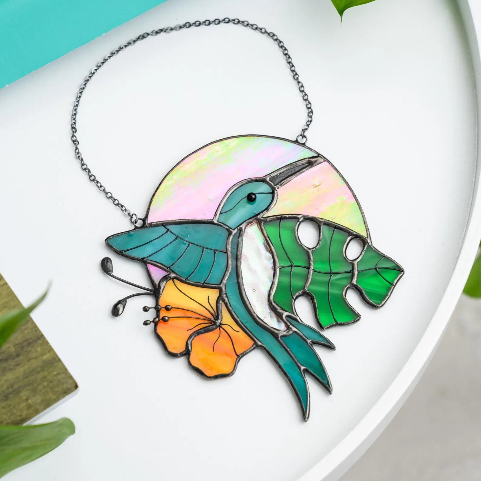 Tropical Hummingbird & Monstera Suncatcher Stained Glass Window Hanging Jungle-Inspired Gift for Her