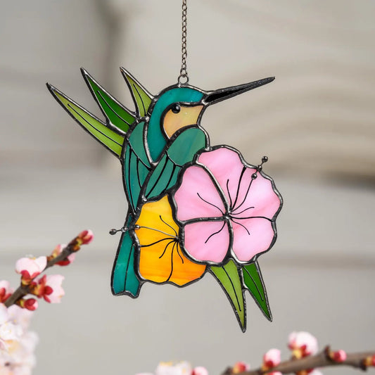 Tropical Hummingbird & Na Lei Suncatcher Hawaiian-Inspired Stained Glass Art Unique Gift for Her