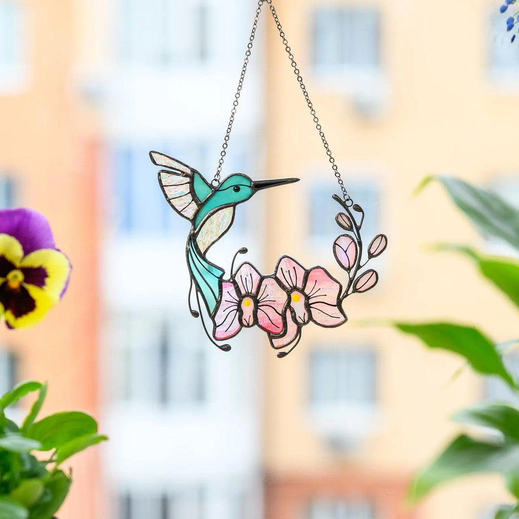 Tropical Hummingbird & Orchid Suncatcher Stained Glass Window Art Floral Gift for Nature Lovers