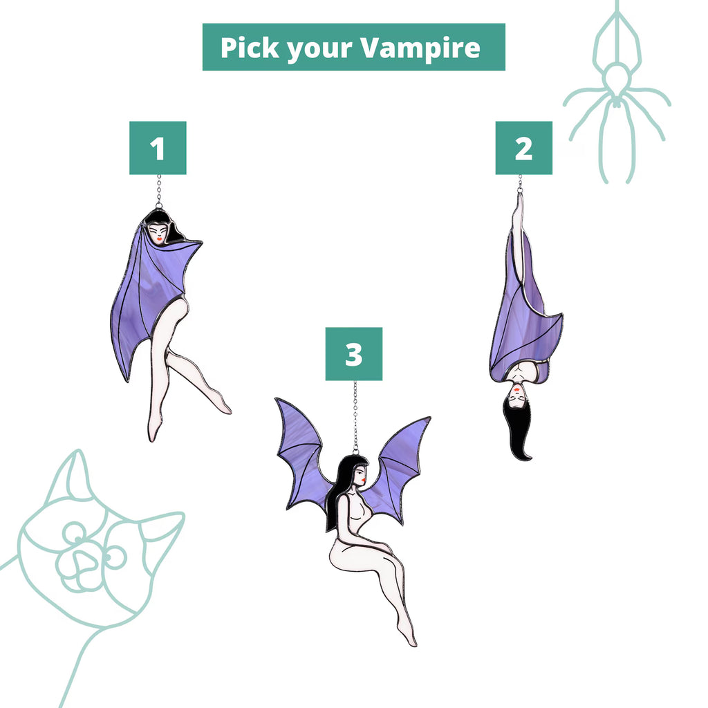 Stained Glass Bat Girl Suncatcher: Halloween Vampire Decor