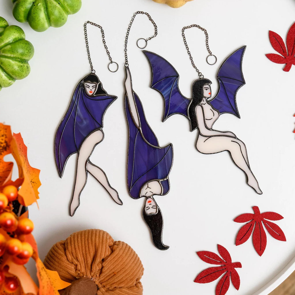 Stained Glass Bat Girl Suncatcher: Halloween Vampire Decor