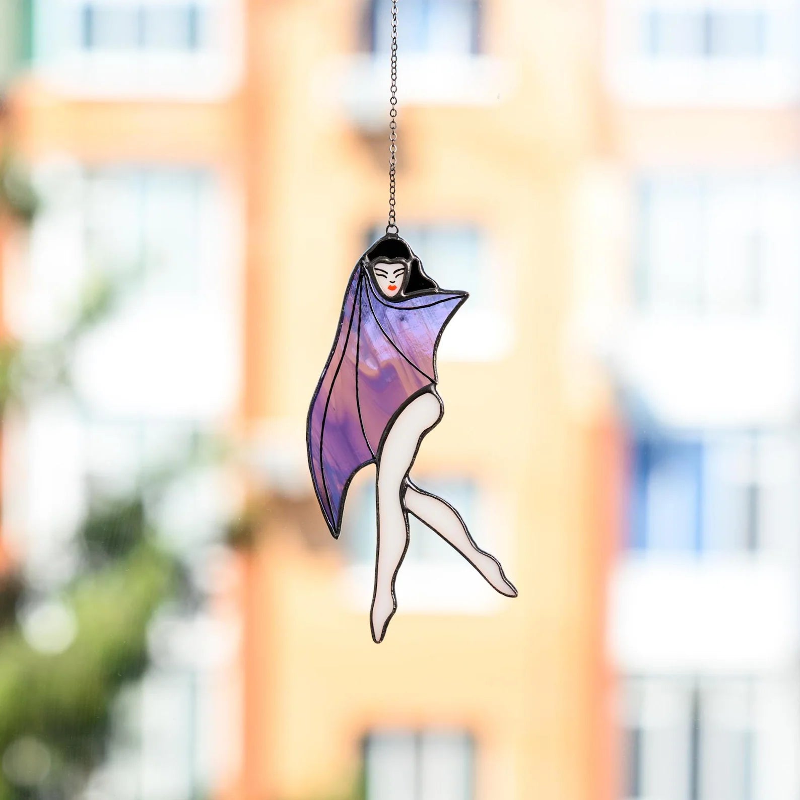 Stained Glass Bat Girl Suncatcher: Halloween Vampire Decor